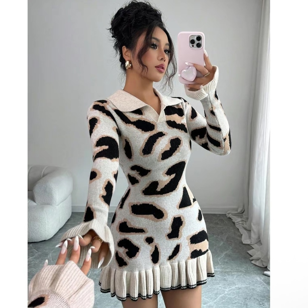 Stylish Leopard Print Sweater Dress
